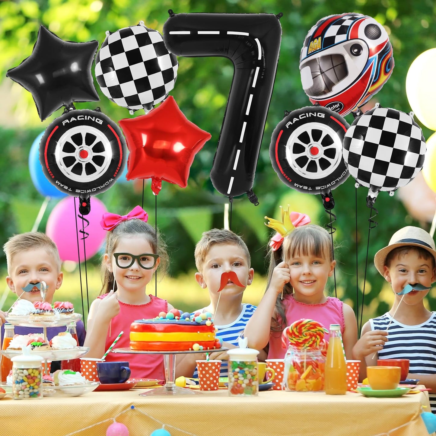 Race Car 7 Balloons, 40 Inch Racetrack Number 7 Balloon, Large Foil Mylar Racetrack Black 7 Balloon For 7 Year Old Birthday Race