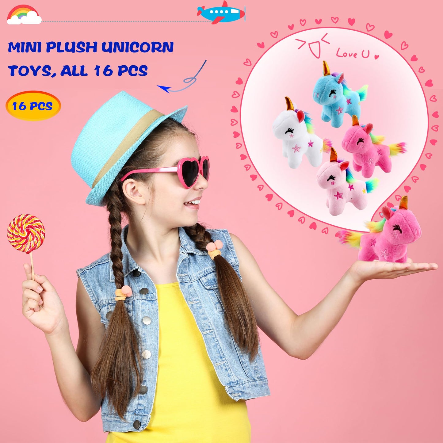 Puteraya 16 Pack Mini Plush Unicorn Toys Small Stuffed Unicorn Cute Plush Unicorn Keychain Stuffed Animal Toys Bulk for Christma