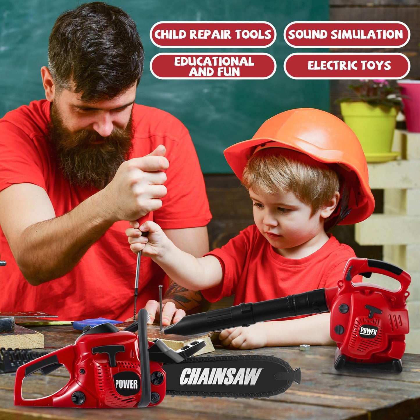 Arrowbash 2 Pcs Toy Gardening Tool Set for Kids Toy Leaf Blower Lawn Trimmer Chainsaw Battery Powered Gardening Tool Set with Lights and Sounds Gift for Boys Girls (Vivid Style)