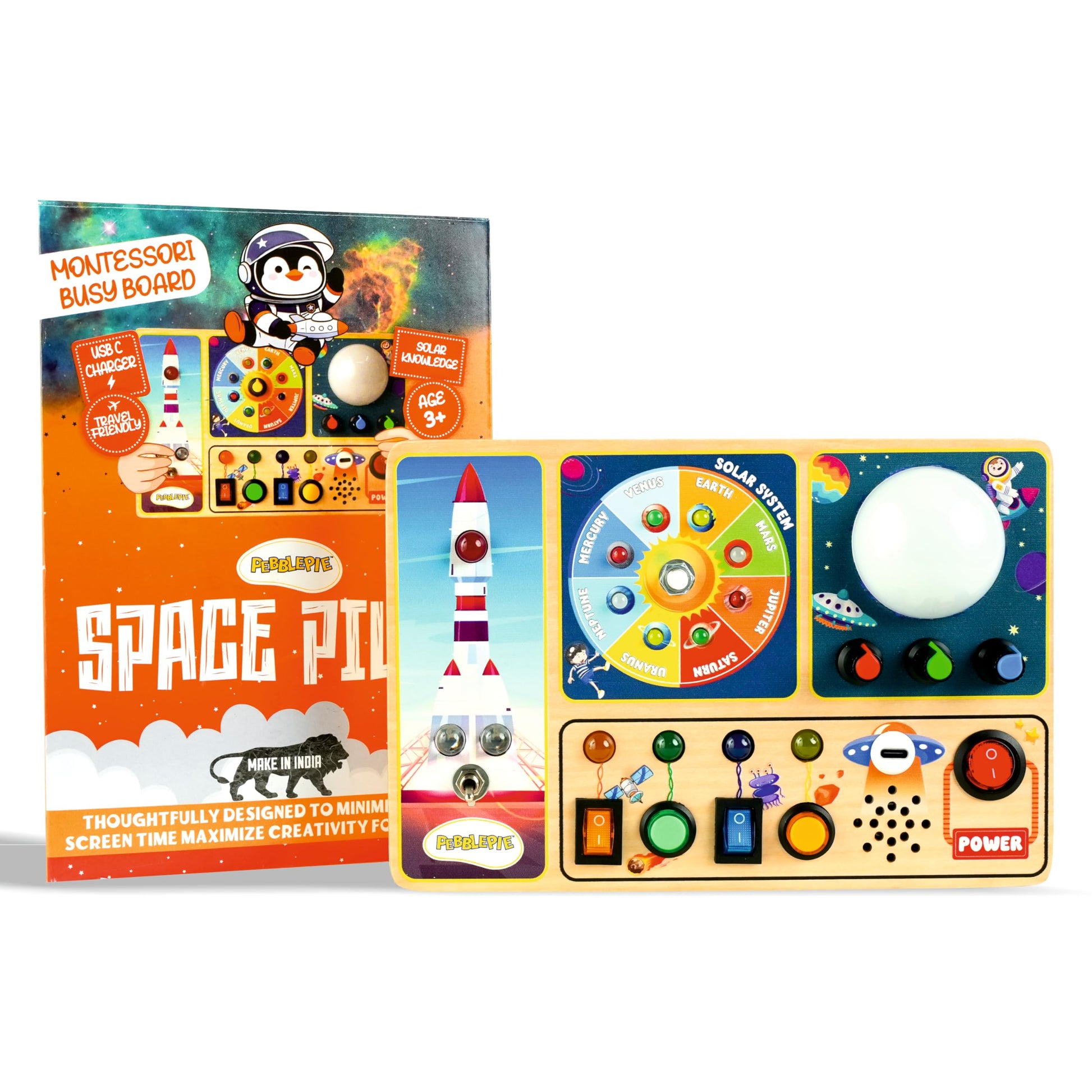 Pebblepie Space Pilot Learning Busyboard (37 Years) | Planets Names & Rocket Launch Sound With Led Color Mixing Lights | Sensor