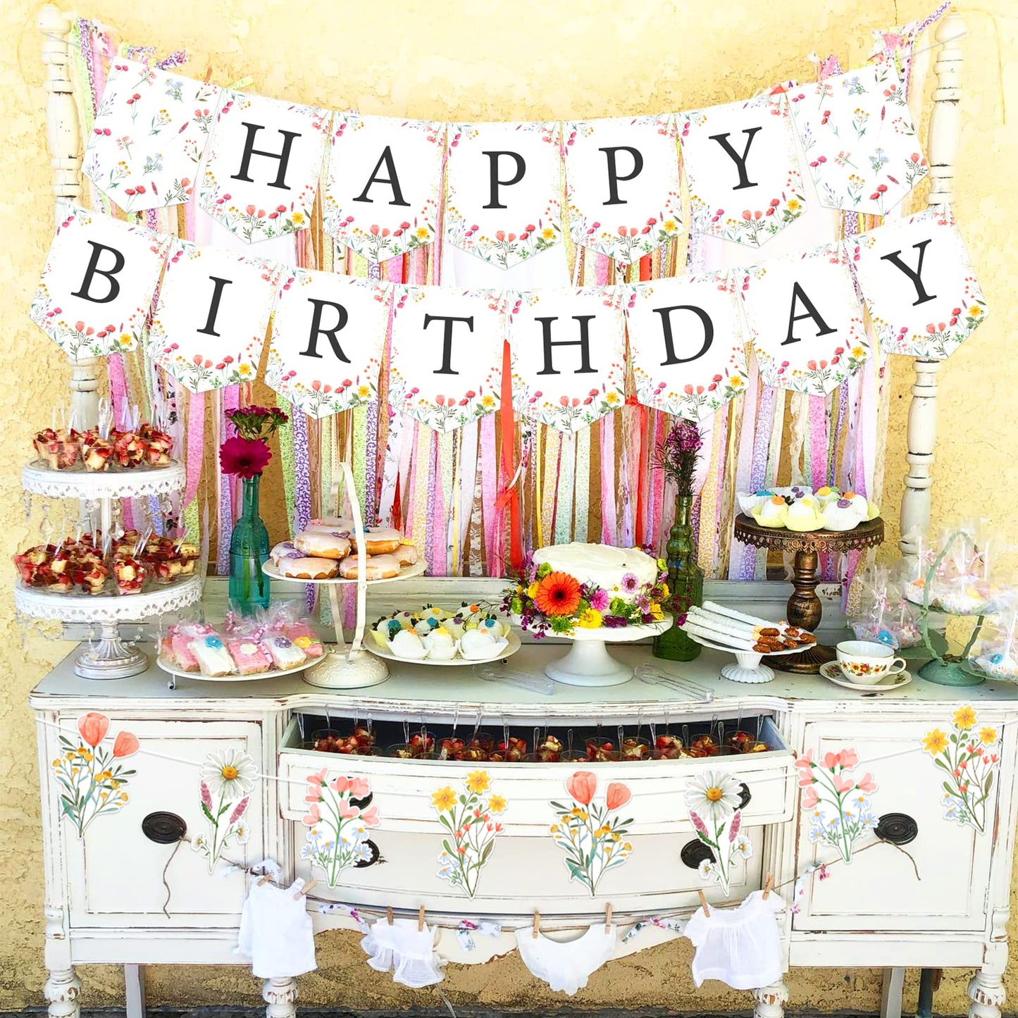 Fangleland Wildflower Happy Birthday Banner Garland Sign Party Decorations Set, Pre-strung No DIY Floral Flower Theme Birthday B