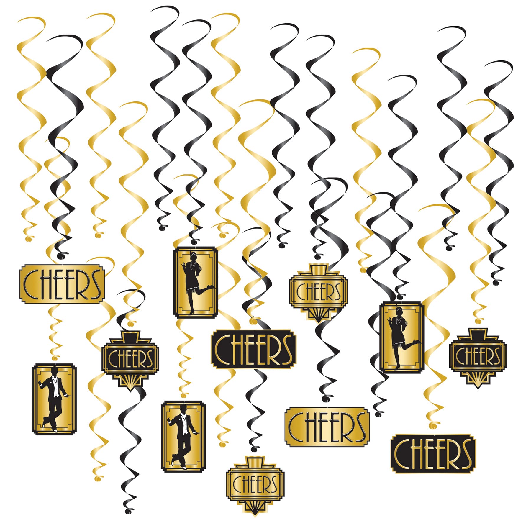 Beistle 24 Piece Roaring 20 Swirls 1920s Theme Party Decorations Dangling Whirls, 17-32, Black/Gold