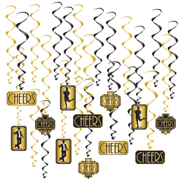 Beistle 24 Piece Roaring 20 Swirls 1920s Theme Party Decorations Dangling Whirls, 17-32, Black/Gold