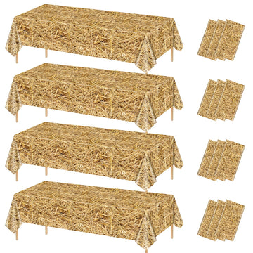PTECDROTS 4Pcs Straw Tablecovers, Westtern Theme Birthday Tablecloths Plastic Farm Hay Table Cloths for Cowboy Western Party Sup