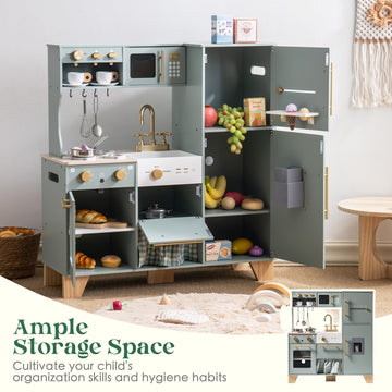 ROBUD Wooden Play Kitchen for Kids Toddlers, Corner Wooden Play Kitchen with Fridge, Ice Maker, Coffee Maker, Juicer, Oven, Dish
