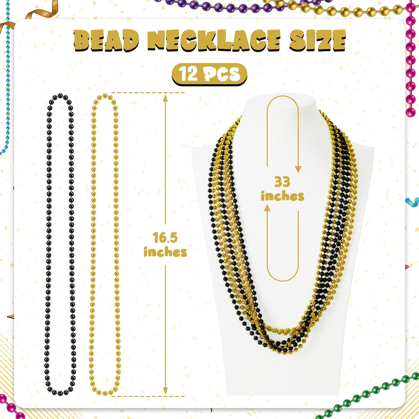 12 Pcs Mardi Gras Beads Bulk, New Year Beaded Necklaces, 33'' Blackgold Beads Graduation Beaded Stuff Set, Carnival Round Costum