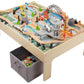Amazon Basics 120-Piece Wooden Train Set with Table, Multi-Activity, 47.4 x 33.46 x 16.14 inches, Storage Bin, Model 838385