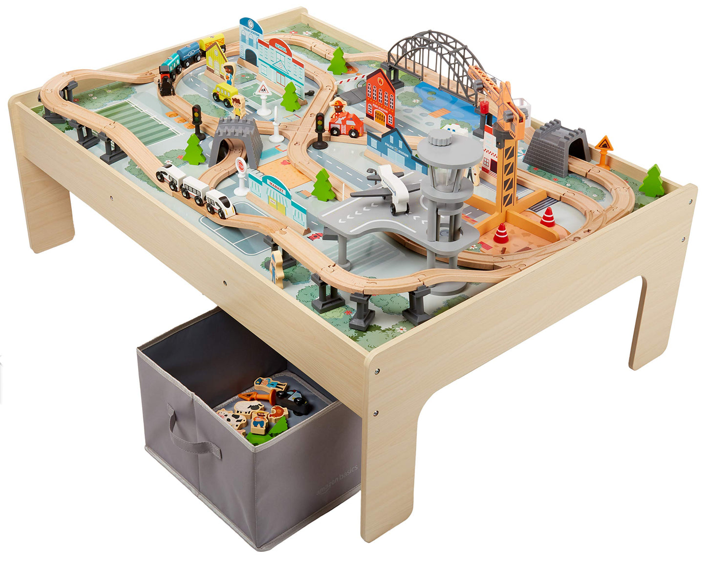 Amazon Basics 120-Piece Wooden Train Set with Table, Multi-Activity, 47.4 x 33.46 x 16.14 inches, Storage Bin, Model 838385