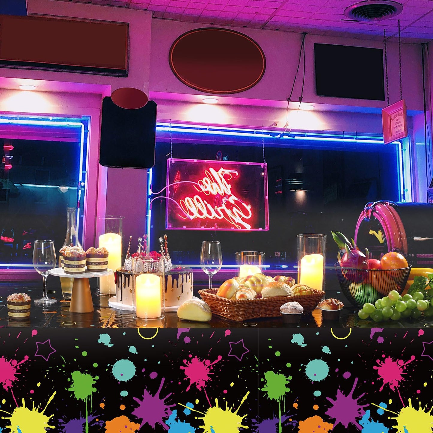 Glow Party Table Covers Neon Party Tablecloths 108 X 54 Inch Glow Party Tablecloths Disposable Plastic Neon Glow Table Cloth For Neon Birthday Party Black Light Party Supplies (1 Piece)