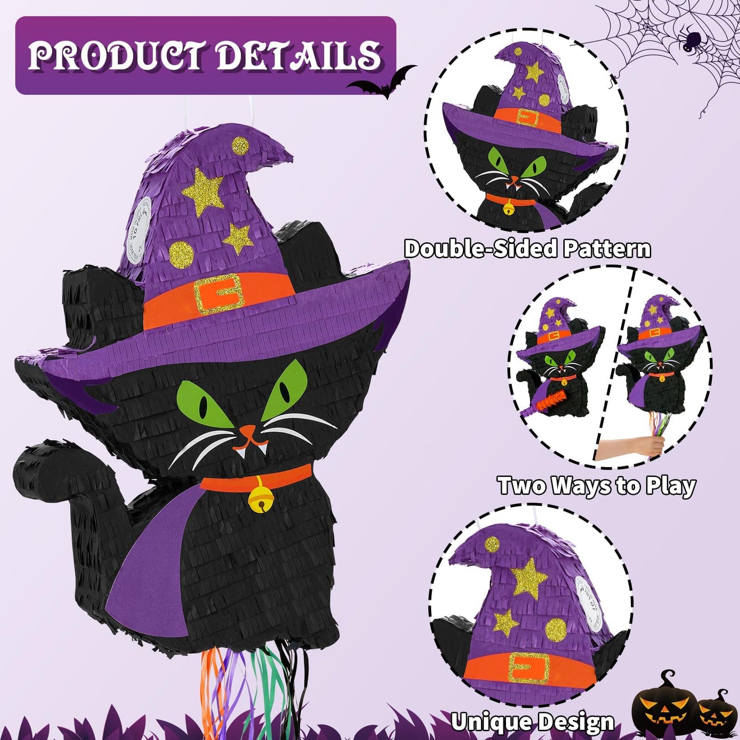 WERNNSAI Halloween Cat Pinata - Black Cat Party Decoration with Witch Hat, Paper, Kids Birthday Supplies, Includes Stick & Blindfold