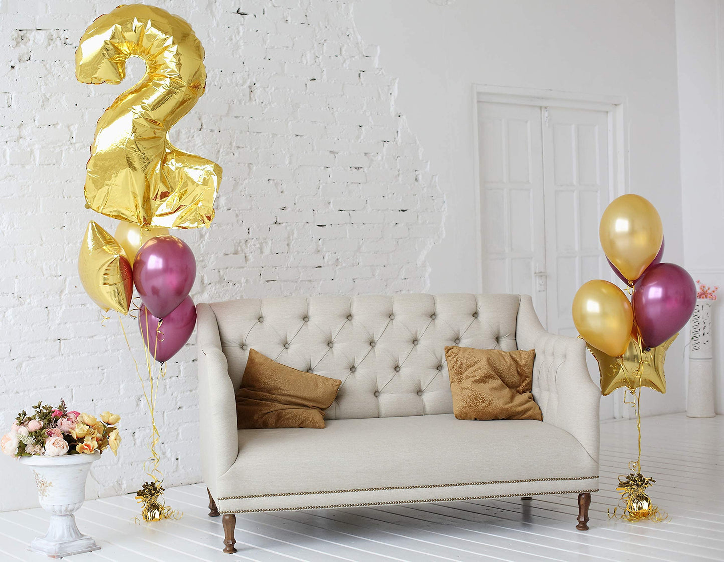 Blue Ribbon, Helium Tank With 50 Balloons And White Ribbon + 12 Gold Balloon Weights + Plus Balloon Tying Tool