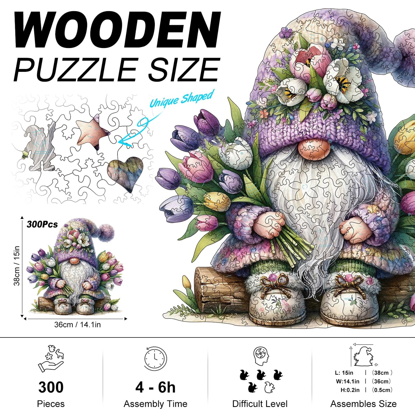 Gnome Wooden Puzzles for mature-themeds  300pcs Gnome Wooden Jigsaw Puzzles for mature-themeds  Flowers Unique Shaped Jigsaw Puzzles Creative Gift for Friend Family Game Large Size 15'' x 14.1''