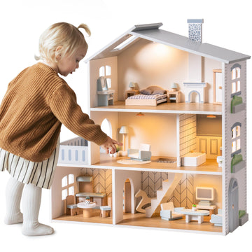 ROBOTIME Wooden Dollhouse  Wooden Doll House with 29 Pieces of Furniture  6 Rooms Fits 4-6 Inch Dolls  Gift for Kids Ages 3+