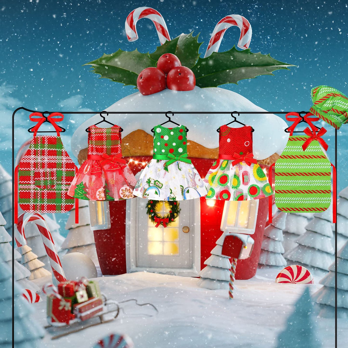 6 Pieces Santa Clothing Elf Dance Skirt Set Christmas Elf Skirts For Christmas Doll Holiday Decorations (Not Include Doll)(Modern Style)
