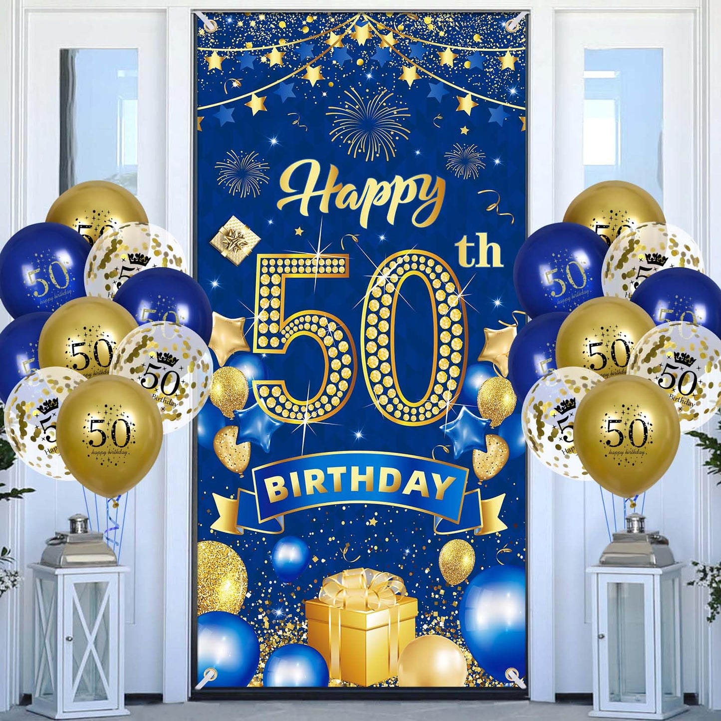 50Th Birthday Party Decorations For Men Navy Blue Gold Happy 50Th Birthday Banner With 18Pcs 50Th Balloons 50Th Door Cover Backdrop For Men Women Birthday Anniversary Party Sign Porch Decor Supplies