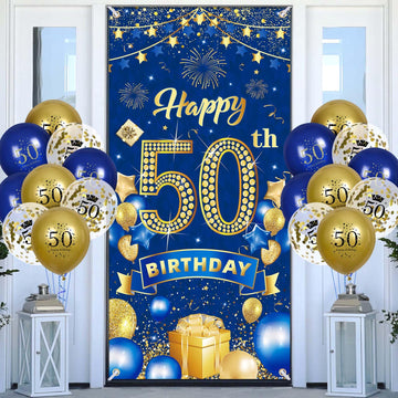 50Th Birthday Party Decorations For Men Navy Blue Gold Happy 50Th Birthday Banner With 18Pcs 50Th Balloons 50Th Door Cover Backdrop For Men Women Birthday Anniversary Party Sign Porch Decor Supplies
