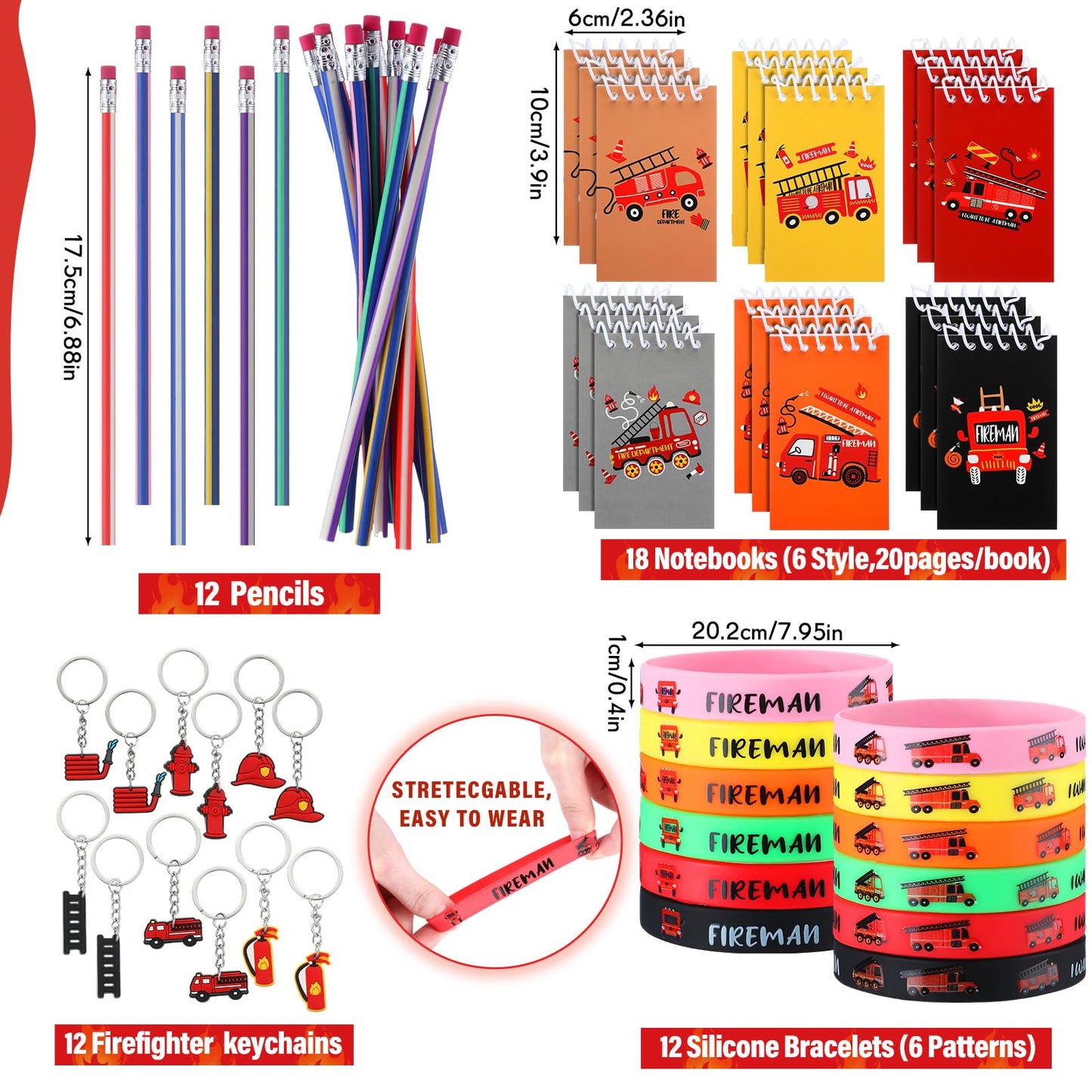 144 Pcs Firefighter Party Favors Fireman Themed Party Supplies Firemen Truck DIY Stickers Drawstring Bags Mini Notepads Silicone