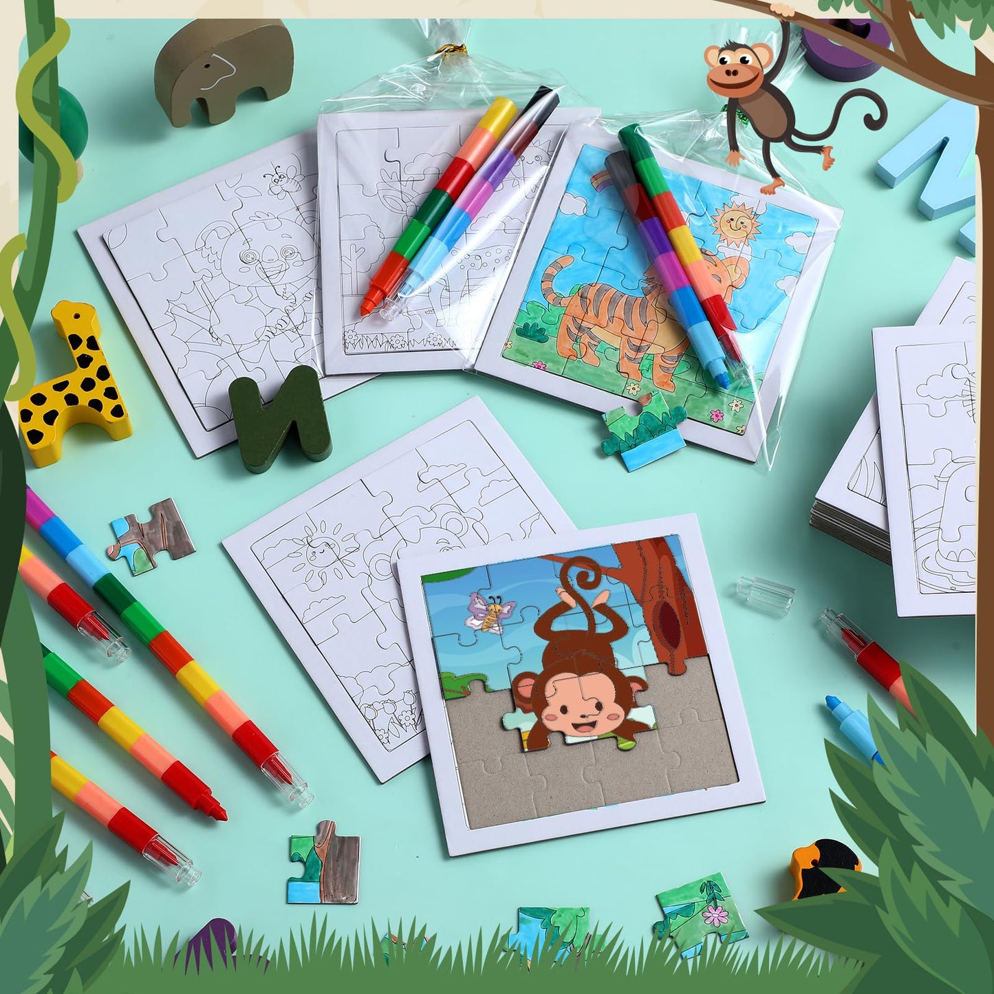 Fullhawl 24 Pack Wild Animal Puzzles Jungle Safari Color Your Own Puzzles DIY Wild One Jigsaw Puzzles with 12 Stackable Crayons and 12 Bags for Safari Theme Gifts Birthday Party Supplies