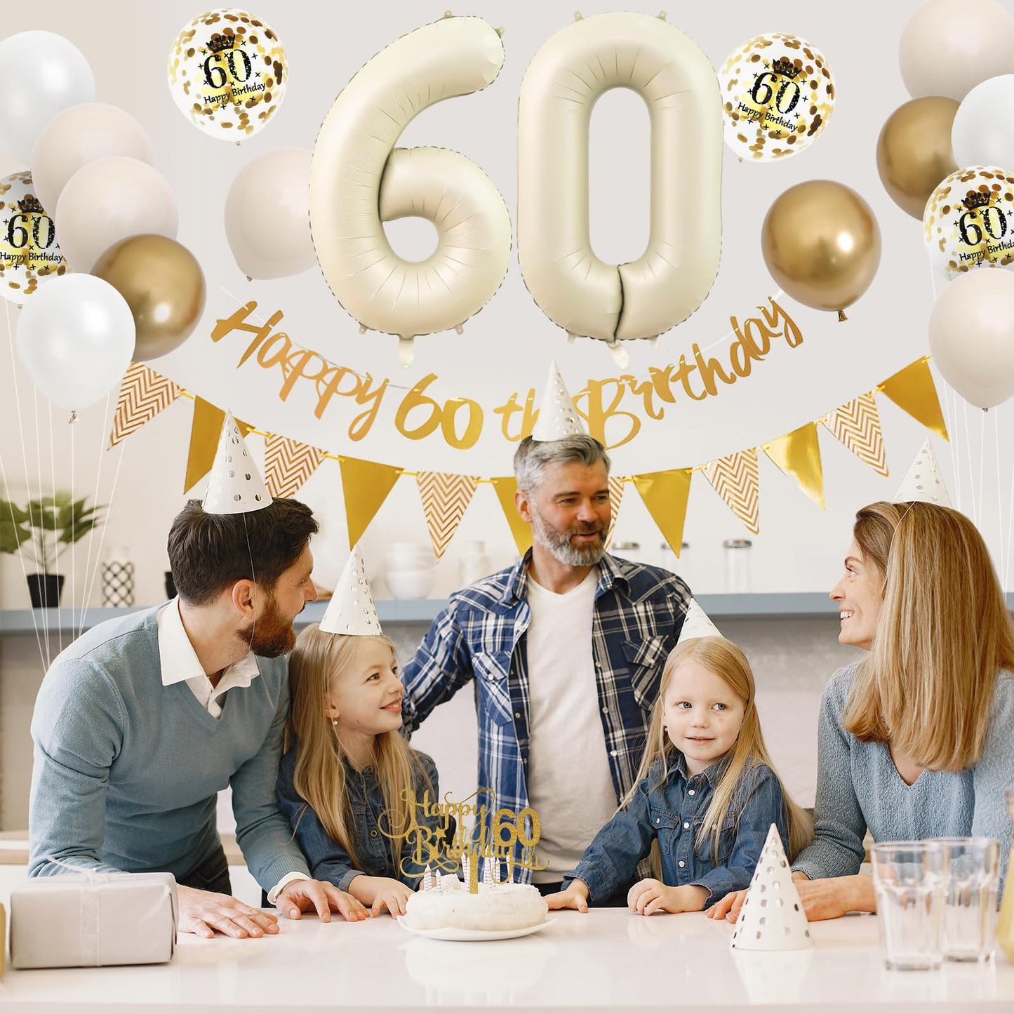 60Th Birthday Decorations Sand White Gold,60Th Birthday Balloons Beige Gold,Happy 60Th Birthday Banner With Cake Toppers Number