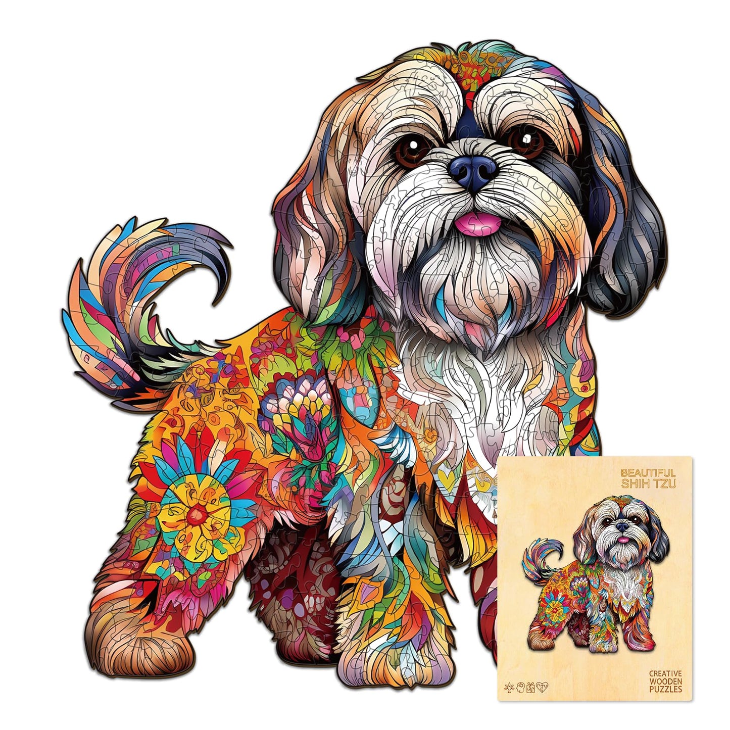 Wooden Puzzles for mature-themed  Shih Tzu Dog Wooden Jigsaw Puzzle  Unique Wood Shape Cut Puzzle  Best Gifts for Puzzle Lovers (S-8 * 8.4in-100pcs)
