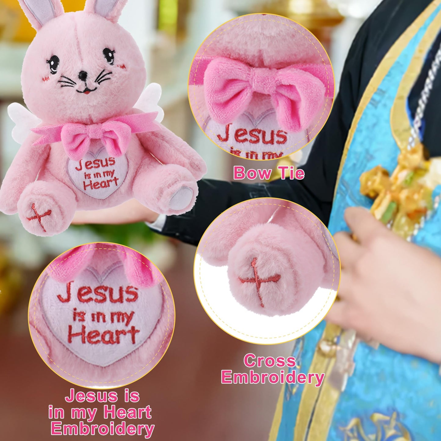 Leyoha Rabbit Stuffed Angel Plush Toy - Fluffy Bunny Plush Rabbit With Angelic Wings Inspirational Embroidery, Pink Stuffed Anim