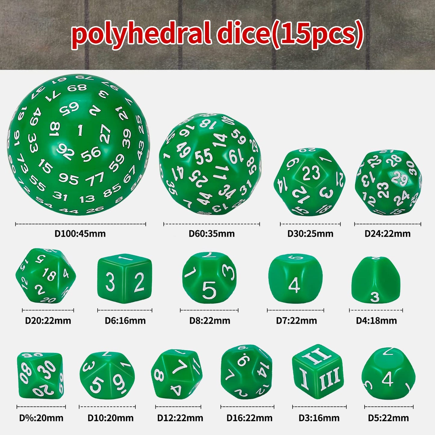 CiaraQ DND Polyhedral Dice Set (15pcs) D4-D100 Game Dice with Dice Bag for Dungeons and Dragons Role Playing Table Games (Green