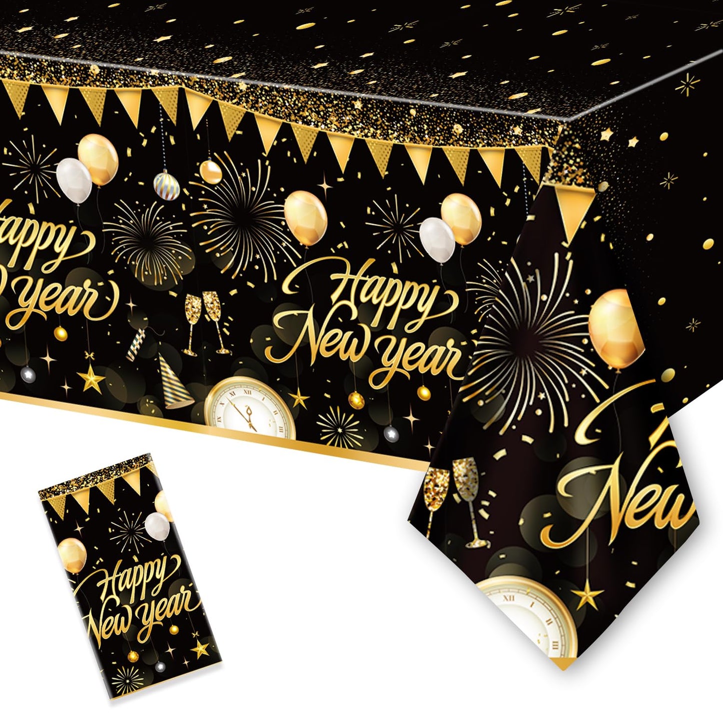 1PC Happy New Year Tablecloth, Disposable Black Gold NYE Party Tablecloth Decorations, Rectangular Plastic Happy New Year Table 