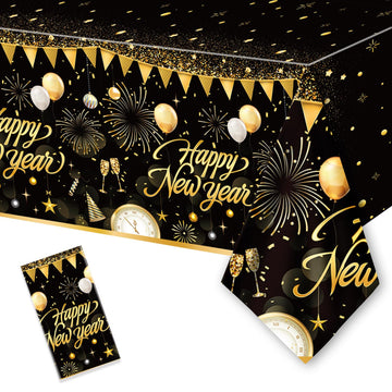 1PC Happy New Year Tablecloth, Disposable Black Gold NYE Party Tablecloth Decorations, Rectangular Plastic Happy New Year Table 