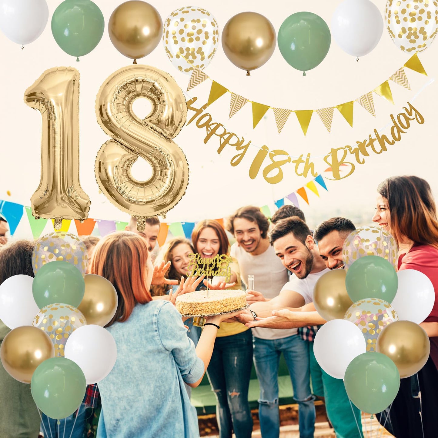 18Th Birthday Decorations For Boys Girls, Happy 18Th Birthday Banner With Birthday Cake Topper Number 18 Foil Balloon Sage Green