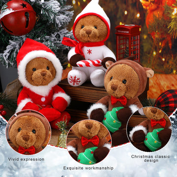 Hydren 3 Pieces Christmas Bear Stuffed Animals Dressed As Elk Snowman Santa Christmas Cute Bear Plush Set 7 Inch Soft Plush Bear