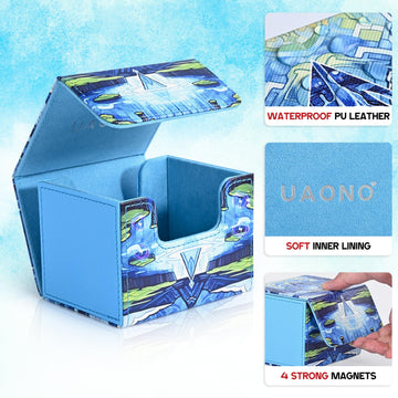 Uaono Deck Box For Mtg Cards, Trading Card Storage Box Holds 120+ Sleeved Commander Deck, Pu Leather Card Box Suits Tcg Magic Cards With 2 Dividers (Blue,Drop)