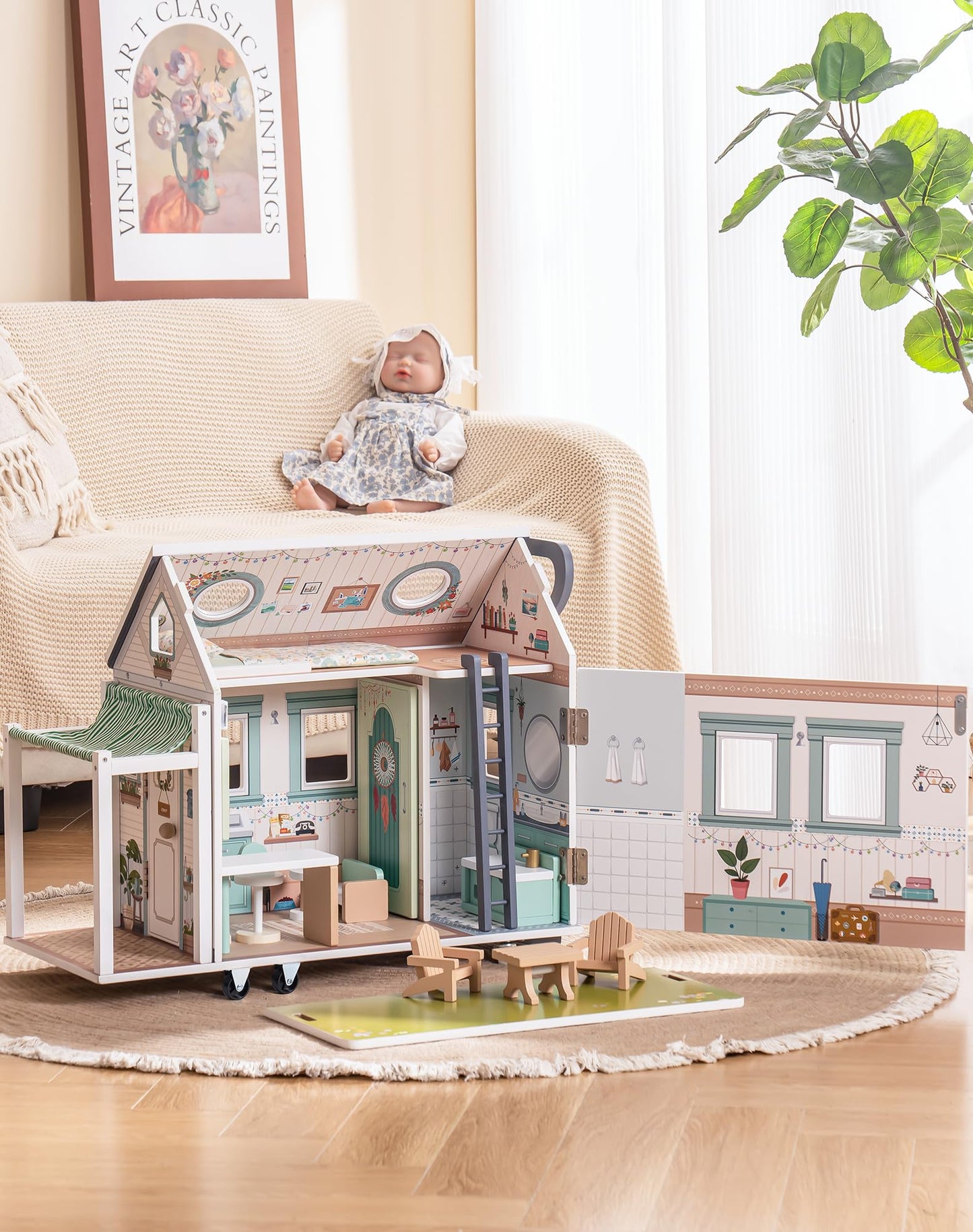 ROBUD Doll House - Wooden Realistic Camper Van Dollhouse with Handle & Wheels, Includes Mini Kitchen, Bar, Bedroom & Outdoor Din