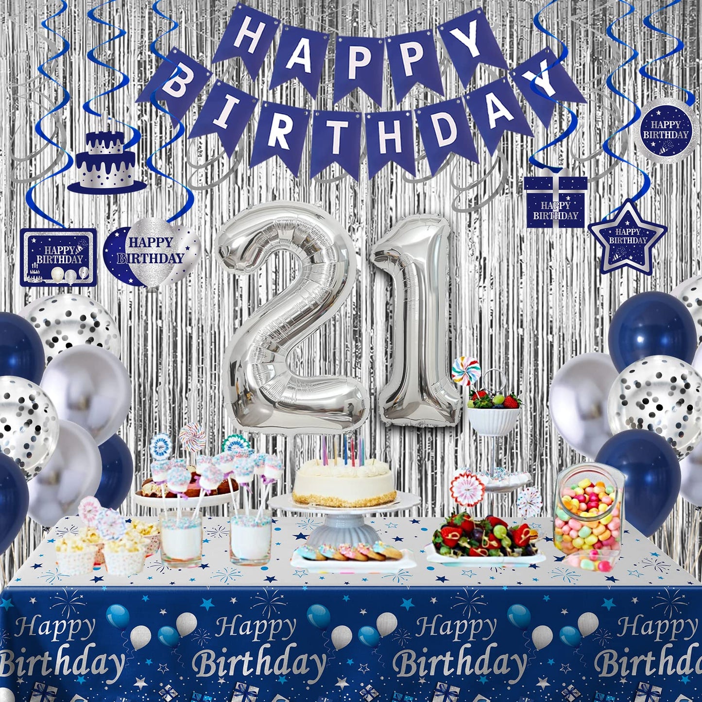 21St Birthday Decorations For Him, Blue Silver Happy 21St Birthday Decorations For Boys Men, 21St Birthday Balloons Banner Table