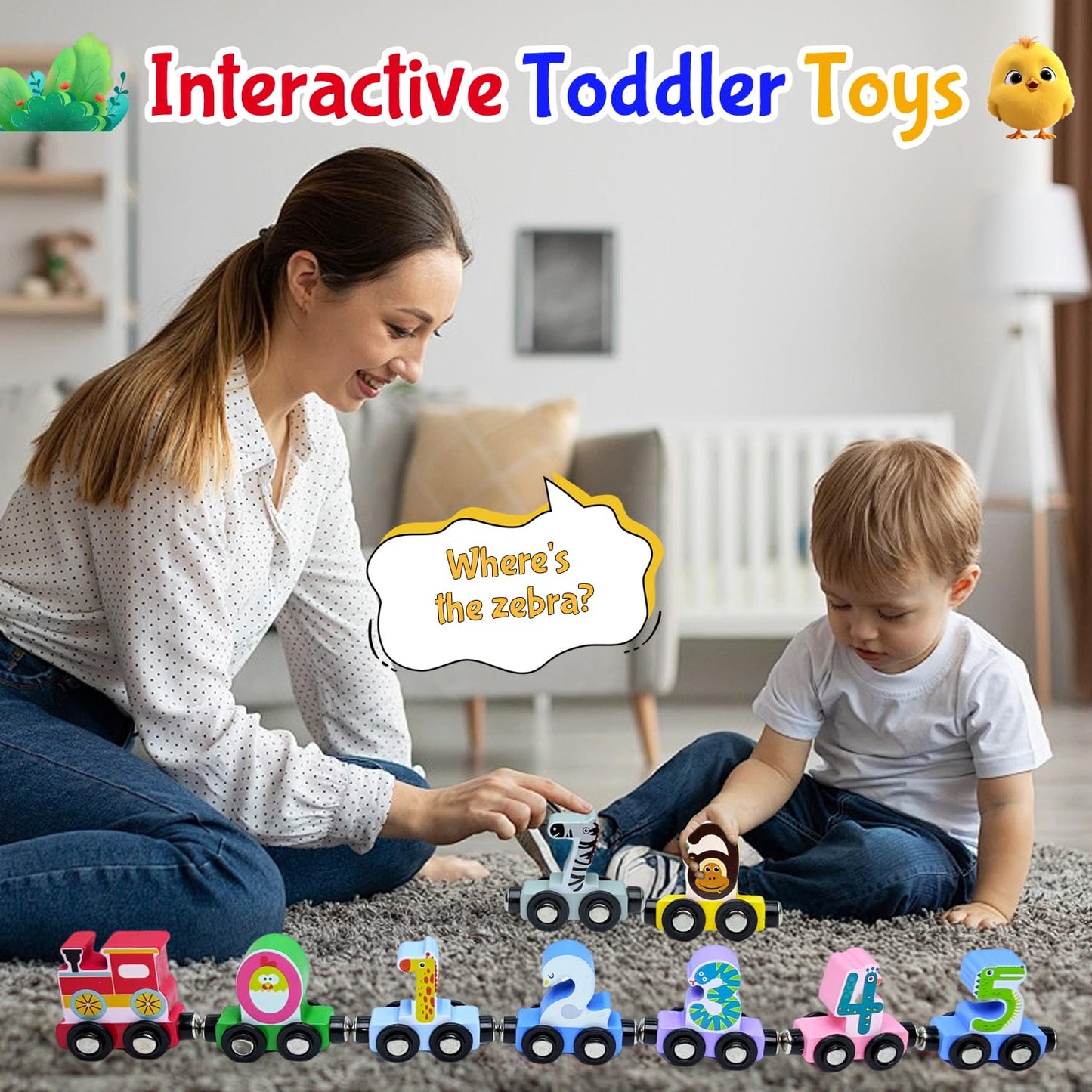 Toddlers Toy For 1 2 3 Years Old Boys Girls, 12 Magnetic Wooden Animal Digital Train Set With Storage Bag,Montessori Toys For 2-