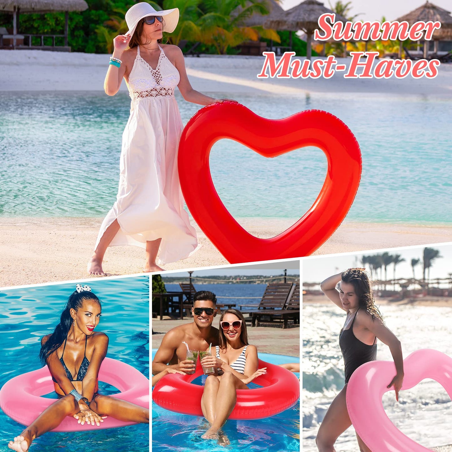 Zhanmai 6 Pack Heart Inflatable Swim Tube 47.3 x 39.4 Inch Heart Shaped Swimming Pool Float Loungers Red Pink Beach Party Floati