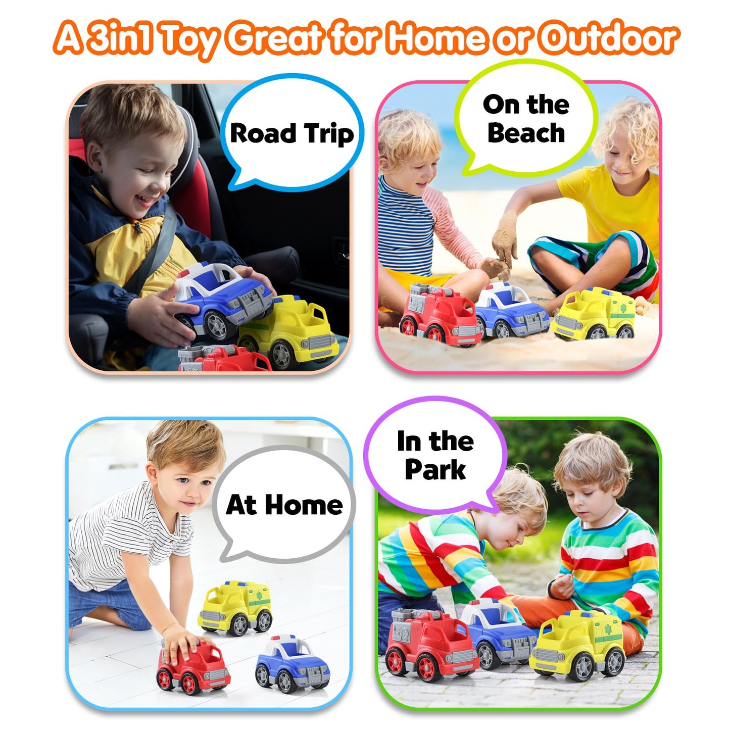 PLAY Eco-Friendly 3 in 1 Emergency Vehicle Toy Set, [USDA Certified] No BPA/Phthalate/PVC, Recycled Bioplastic Rescue Vehicle wi