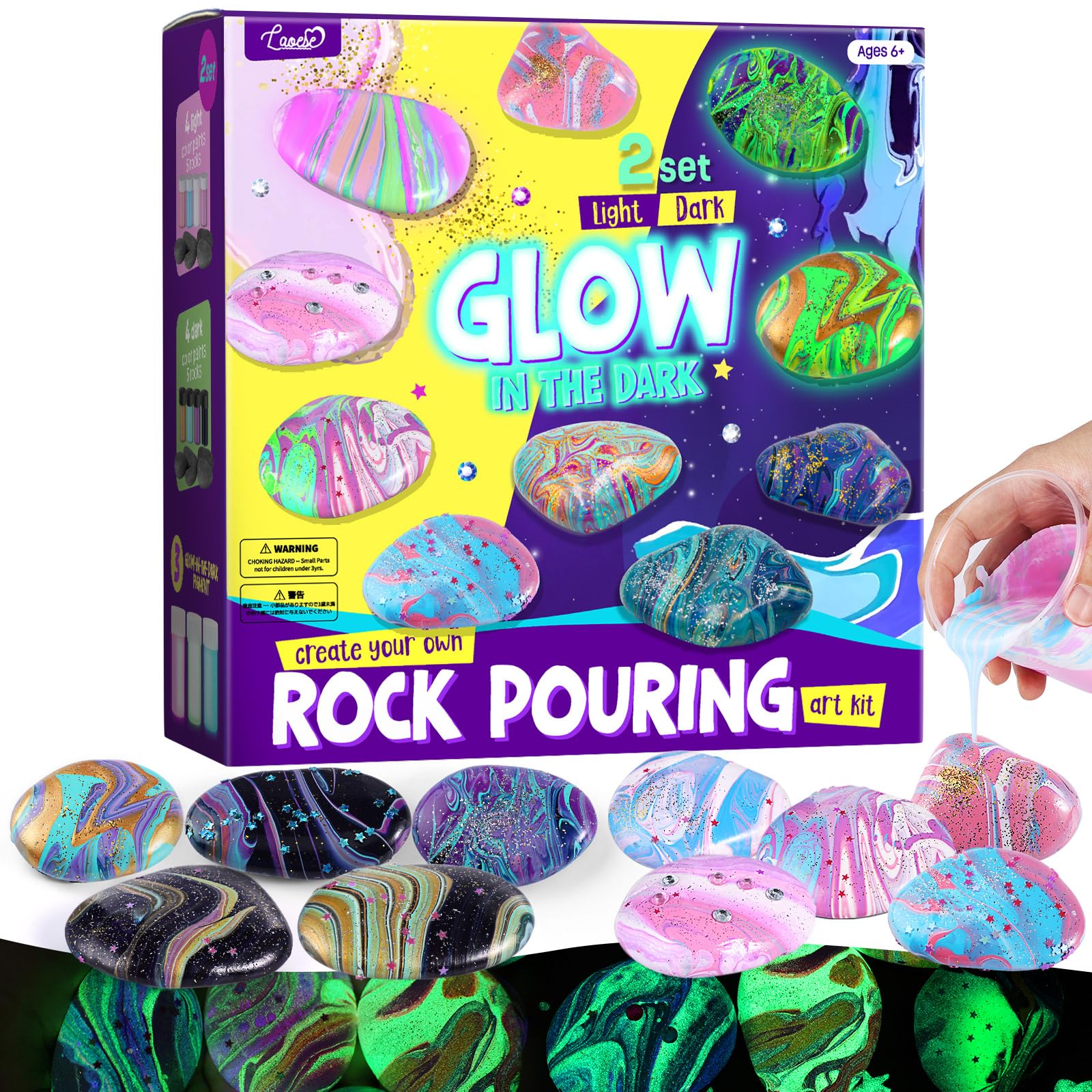 LAOESE 2 in 1 Rock Painting Art Kit - Glow in The Dark Pouring Rock Kit - Arts and Crafts for Kids Girls & Boys Ages 6-8, 8-12, 