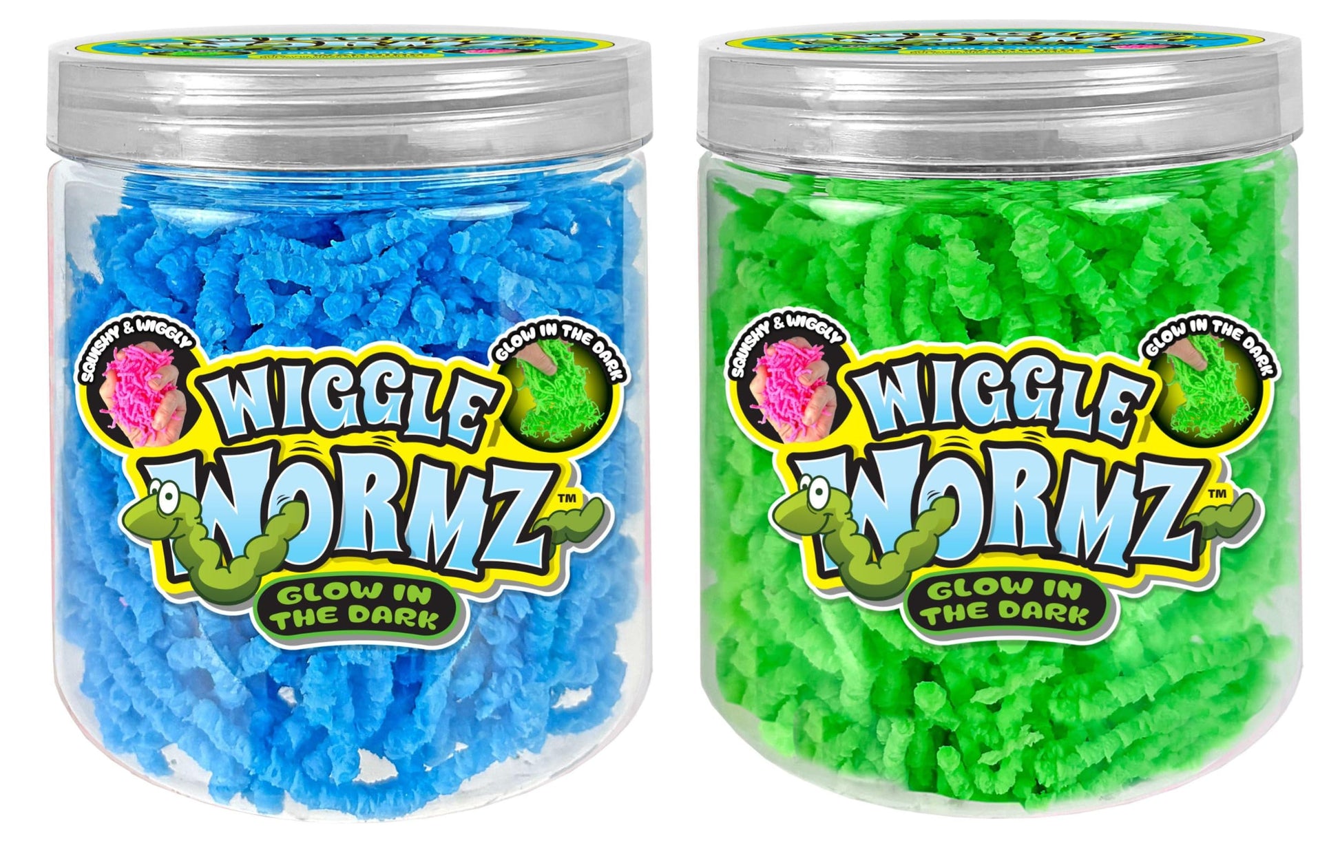 JA-RU Wiggle Wormz Glow in the Dark Squishy Sensory Worms Toy Jar (2 Jars, Blue & Green) Stress Relief Super Stretchy Fidget Sen