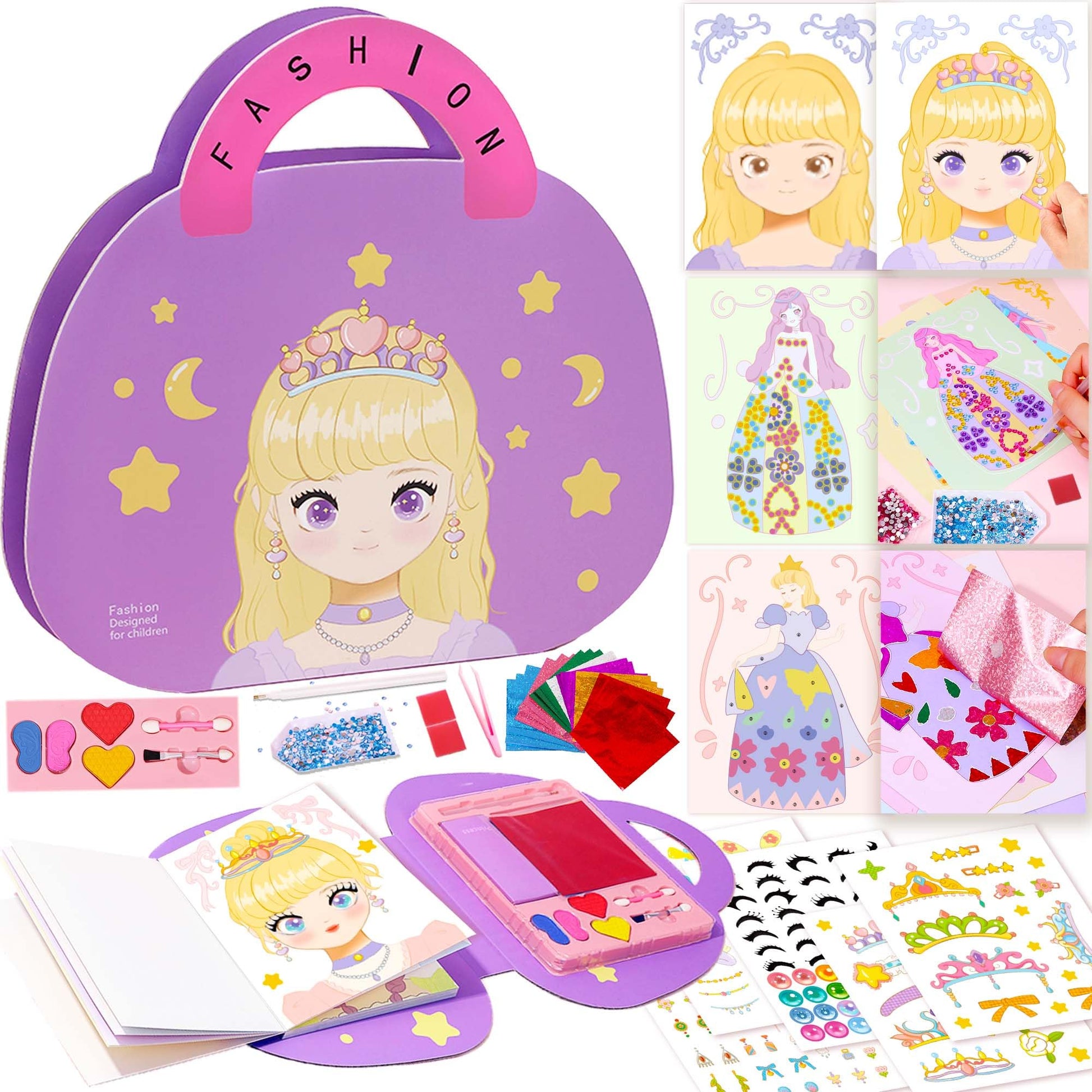 iGetooy 4-in-1 Dress Up Game Set - Princess Fantasy Makeup Kit, Pretty Princess Game, Girls Toy Kit with Diamond Painting & Dres