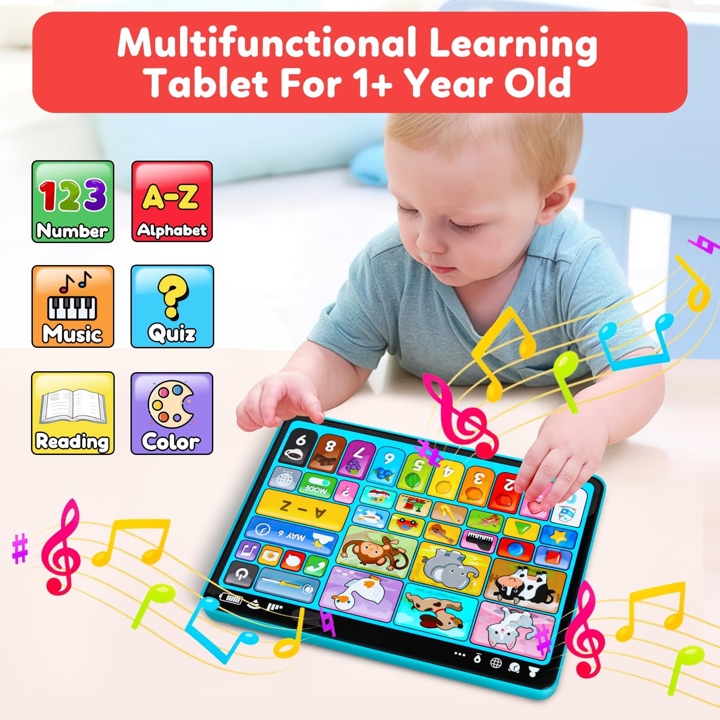 Peacurh Learning Tablet for Toddlers, Montessori Music & Sound Toy, Trilingual, Blue, Model 35847M, Ages 1-3
