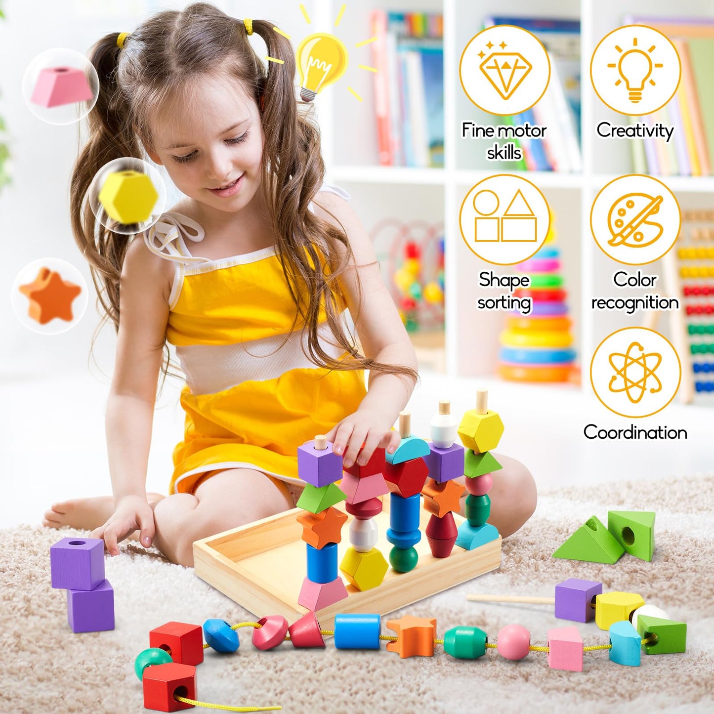 Montessori Wooden Toys, Lacing Beads & Stacking Block & Matching Shape Stacker, Montessori Wooden Beads Sequencing Toy Set, Stem