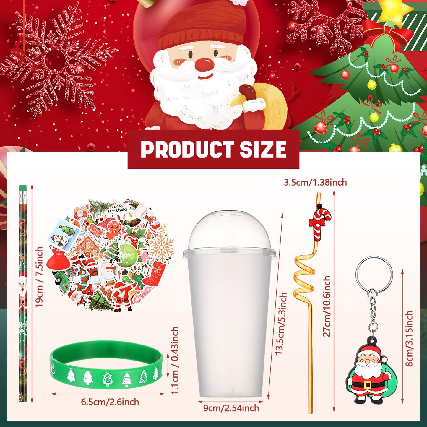 Seenelling 24 Set Christmas Stationery Party Favors for Students Xmas Gift Cups Filler with Keychain Pencil Straw Silicone Brace