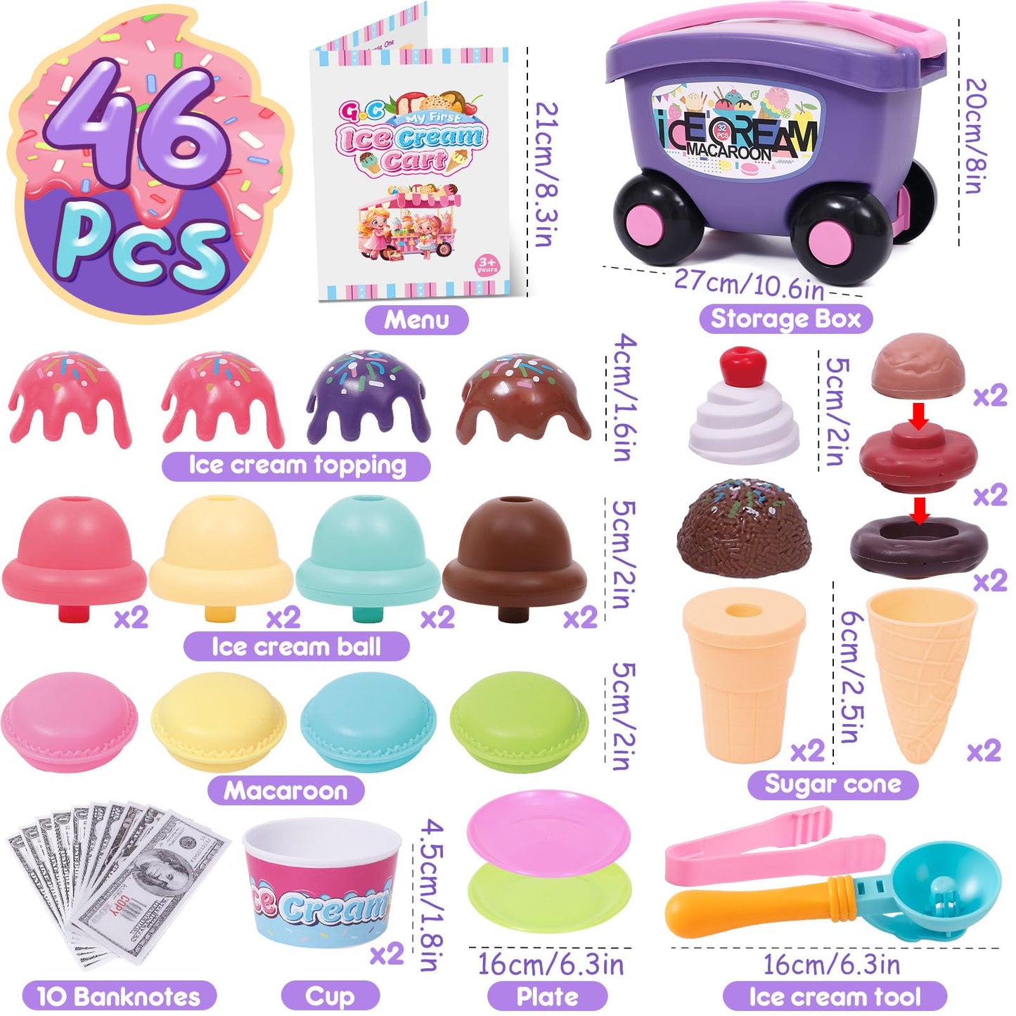 G.C Ice Cream Toys for Kids Toddlers 3-5, 42pcs Ice Cream Cart with Storage Trolley Pretend Play Food, Stack Scoop Serve Sweet T