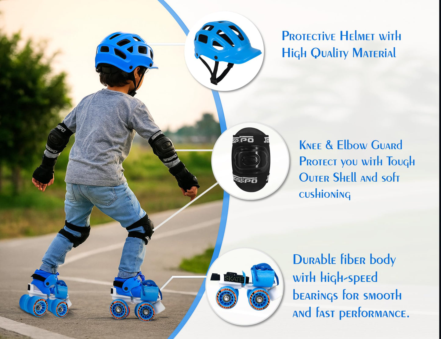 Jaspo Kids Delite Intact Junior Skates Combo (Skates+Helmet+Knee+Elbow) Suitable for Age Upto 5 Years, Unisex, Outdoor Wheel, Bl