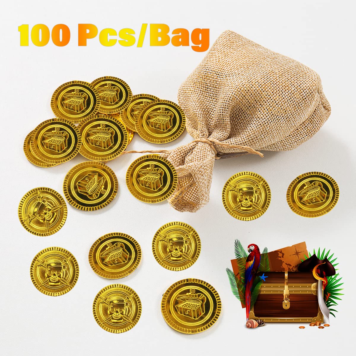 100 Pieces Plastic Pirate Gold Coins Set - Play Treasure Gold Coins for Pirate Themed Party, St. Patrick's Day, Treasure Hunt Ga