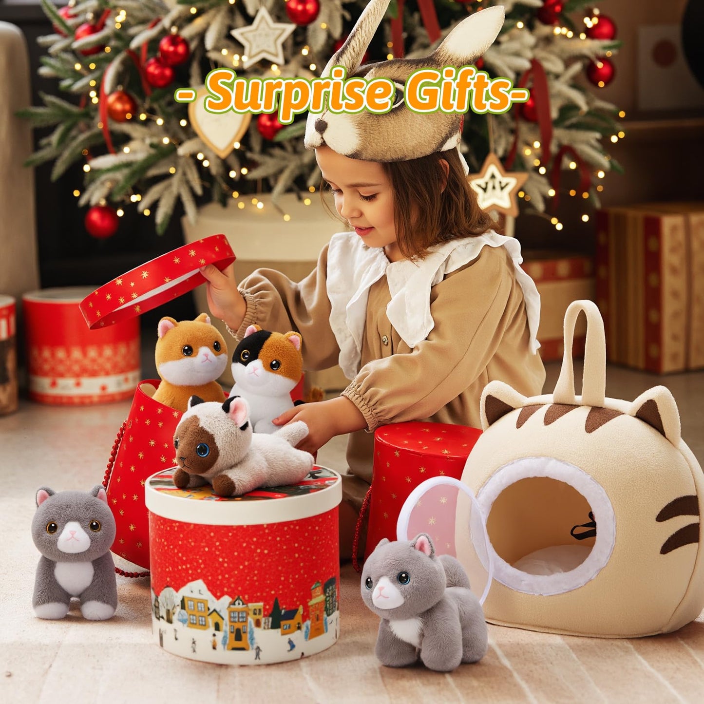 Ouozzz Cat Stuffed Animal House – Plush Kitten Toy Set With 4 Soft Cats – Interactive & Travel-Friendly Playset For Toddlers & Kids – Huggable, Portable Birthday Gift For Baby Infant