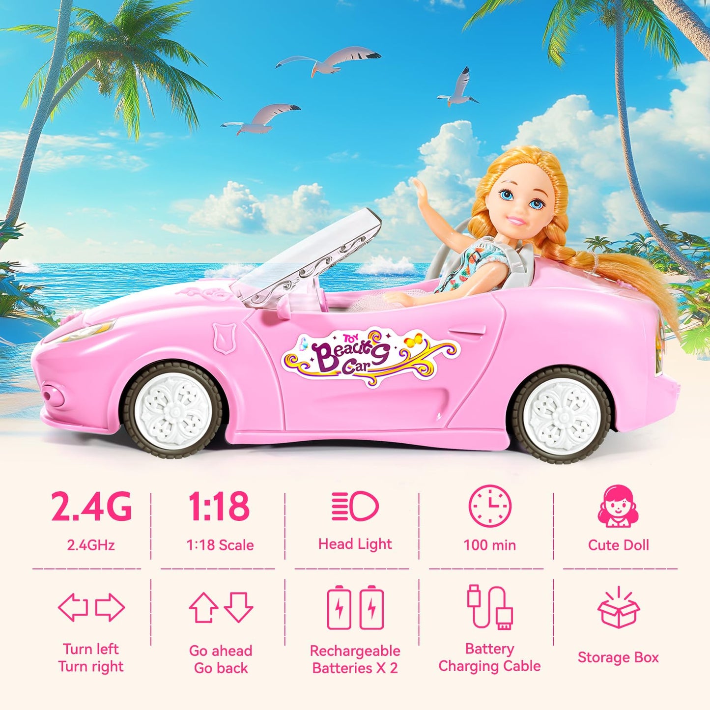 UMONIE Pink Remote Control Car for Girls, 2.4Ghz Racing Car for Toddler, 1:18 RC Car Toys for Kids with Doll, 100 mins with Rech