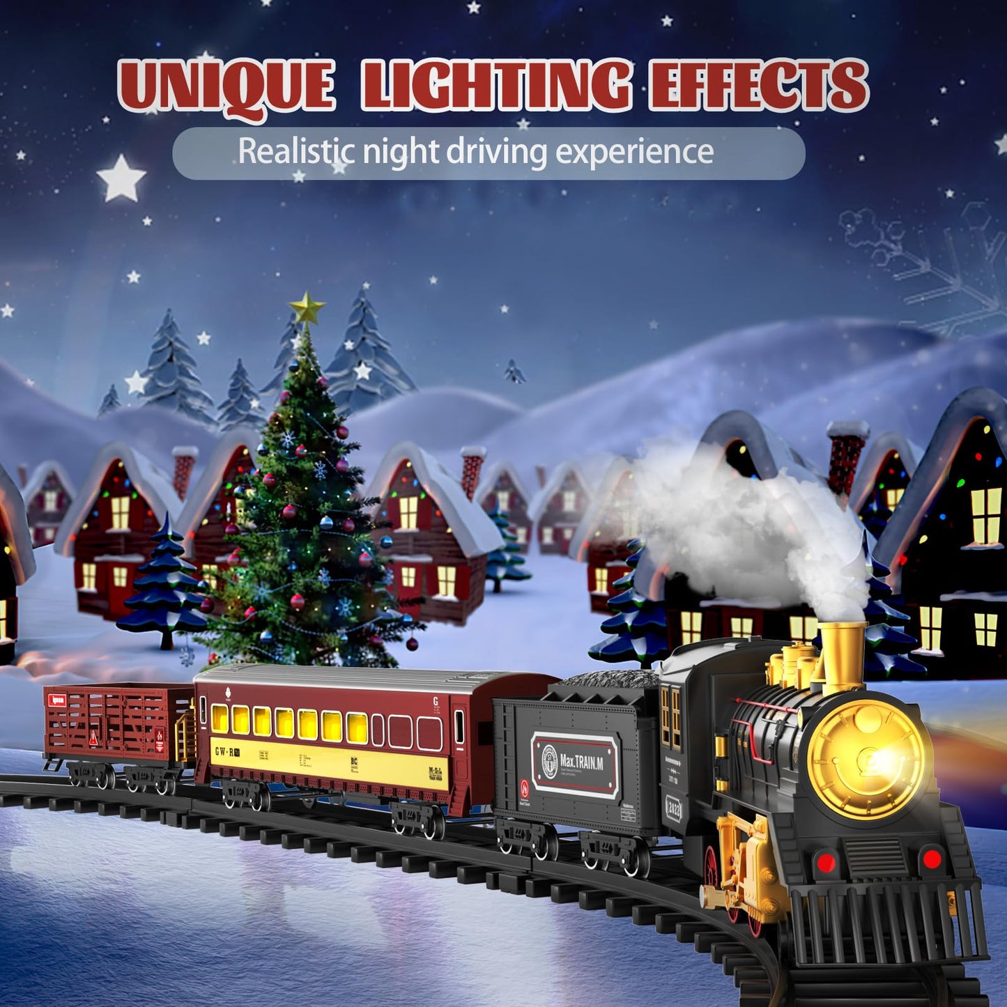 Unih Electric Train Set,Train Toys With Smoke,Lights & Sounds,Toy Train With Steam Locomotive Engine,Luminous Passenger Car & Tracks, Xmas Train Toys For Boys Kids 3 4 5 6 7 8+ Year Old Gifts