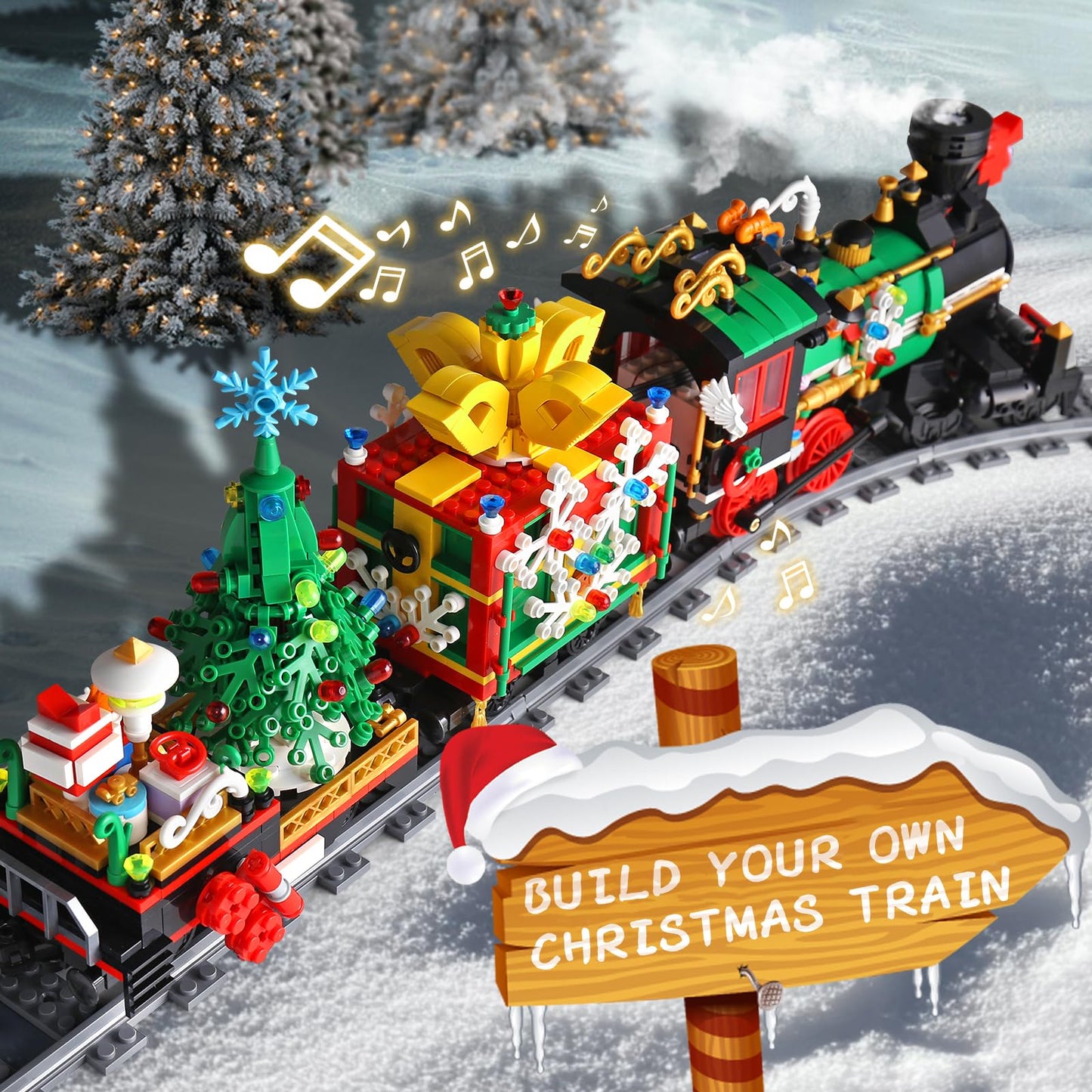 Mould King 12012 Christmas Train Building Block Kits, Electric Led Light,Train Track Vehicle Model Building Sets With Motors,Col