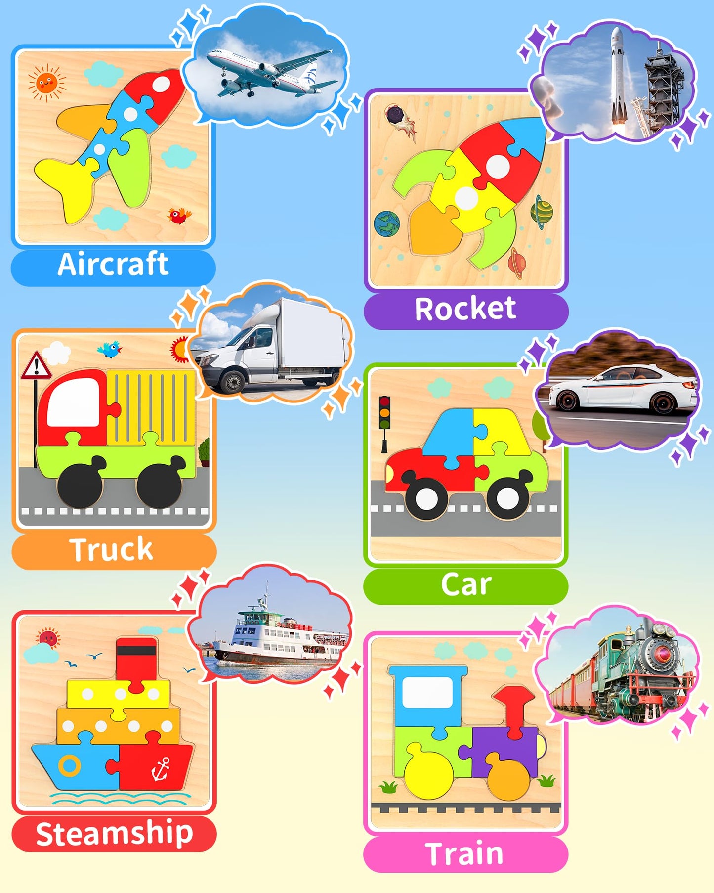Wooden Puzzles Toddler Toys For 1 2 3 Years Old Boys Girls, 6 Vehicle Shape Learning Educational Blocks Birthday Gifts Sensory T